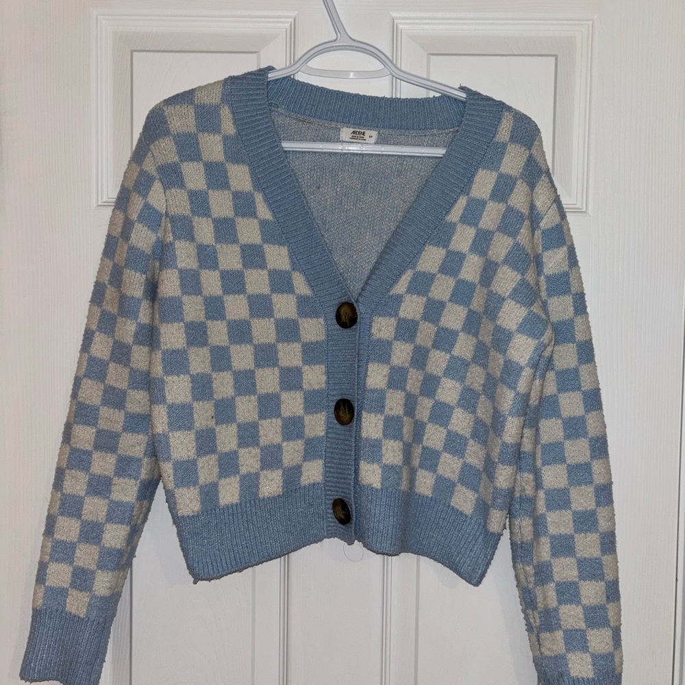 Blue and White Checkered Women's Cardigan